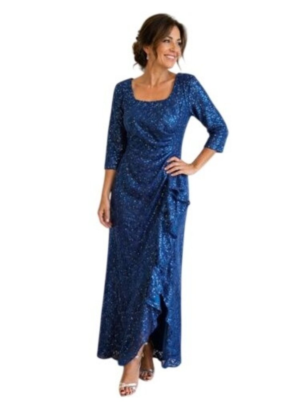 Alex Evenings Womens Dress Sequin Lace Gown 3/4 Sleeves Ruffle Size 4 blue $ 250